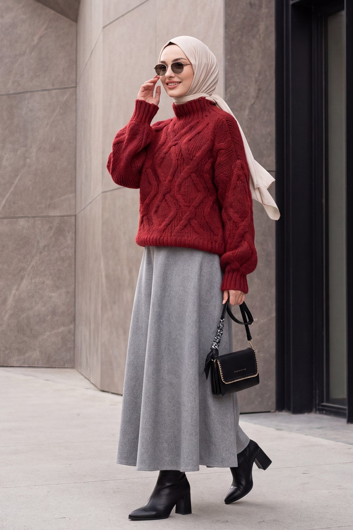 Half Turtleneck Cable Knit Sweater - Burgundy - Podyumplus - by Peralane - photo 6