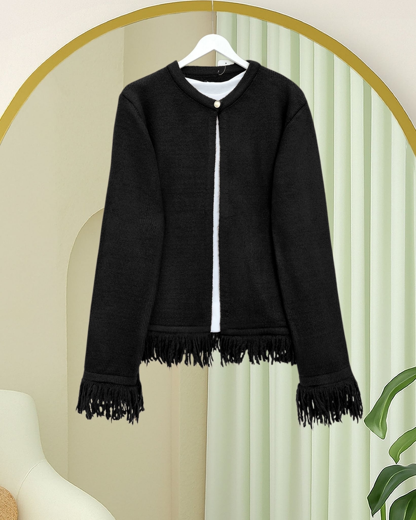 Single Button Fringed Soft Knit Cardigan - Black - Podyumplus - by Peralane - photo 4