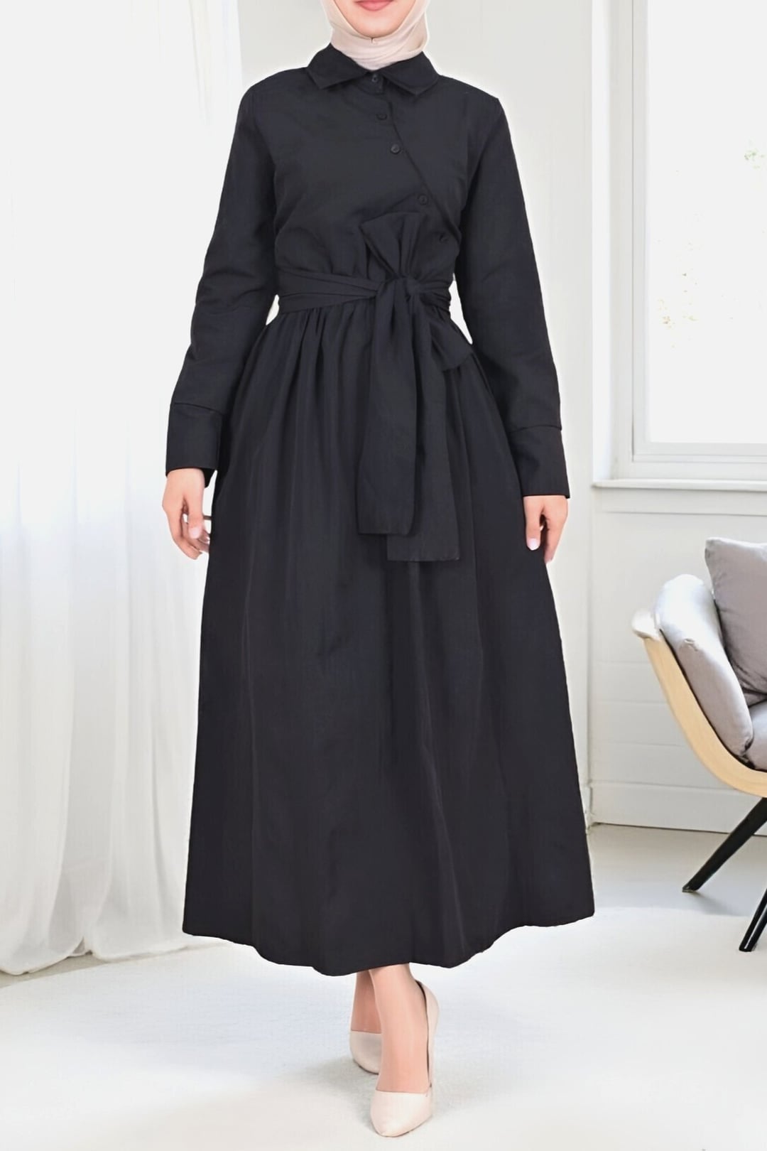 Cross Button Front Tie Waist Shirt Collar Dress - Black - Podyumplus - by Peralane - photo 4