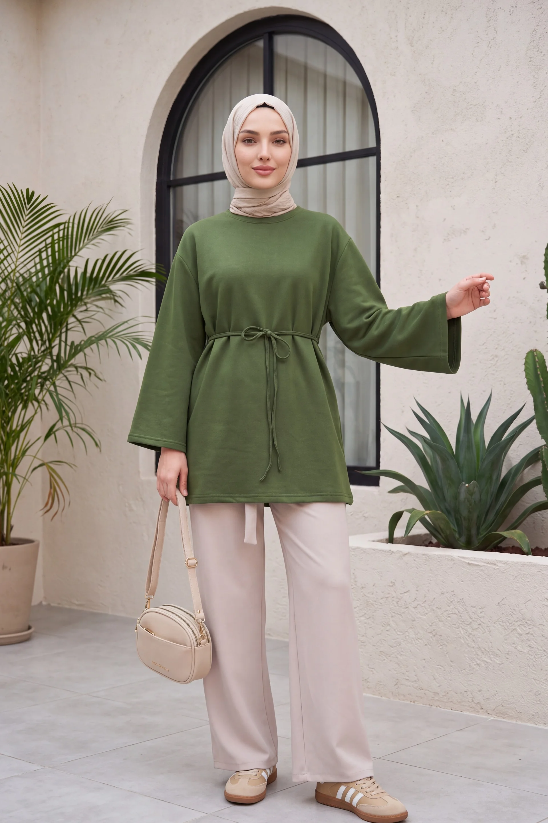 Round Neck Drawstring Waist Jersey Tunic - Olive Green - Podyumplus - by Peralane - photo 3