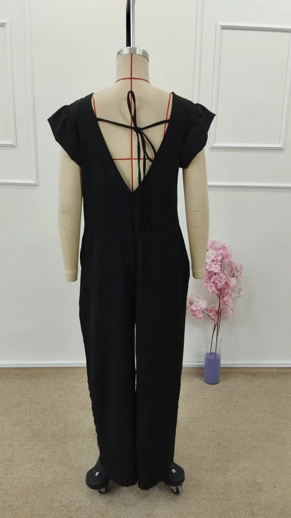 Women's Short-Sleeve V-Neck Deep Back Lace-Up Long Jumpsuit - Black - Janes - by Peralane - photo 6