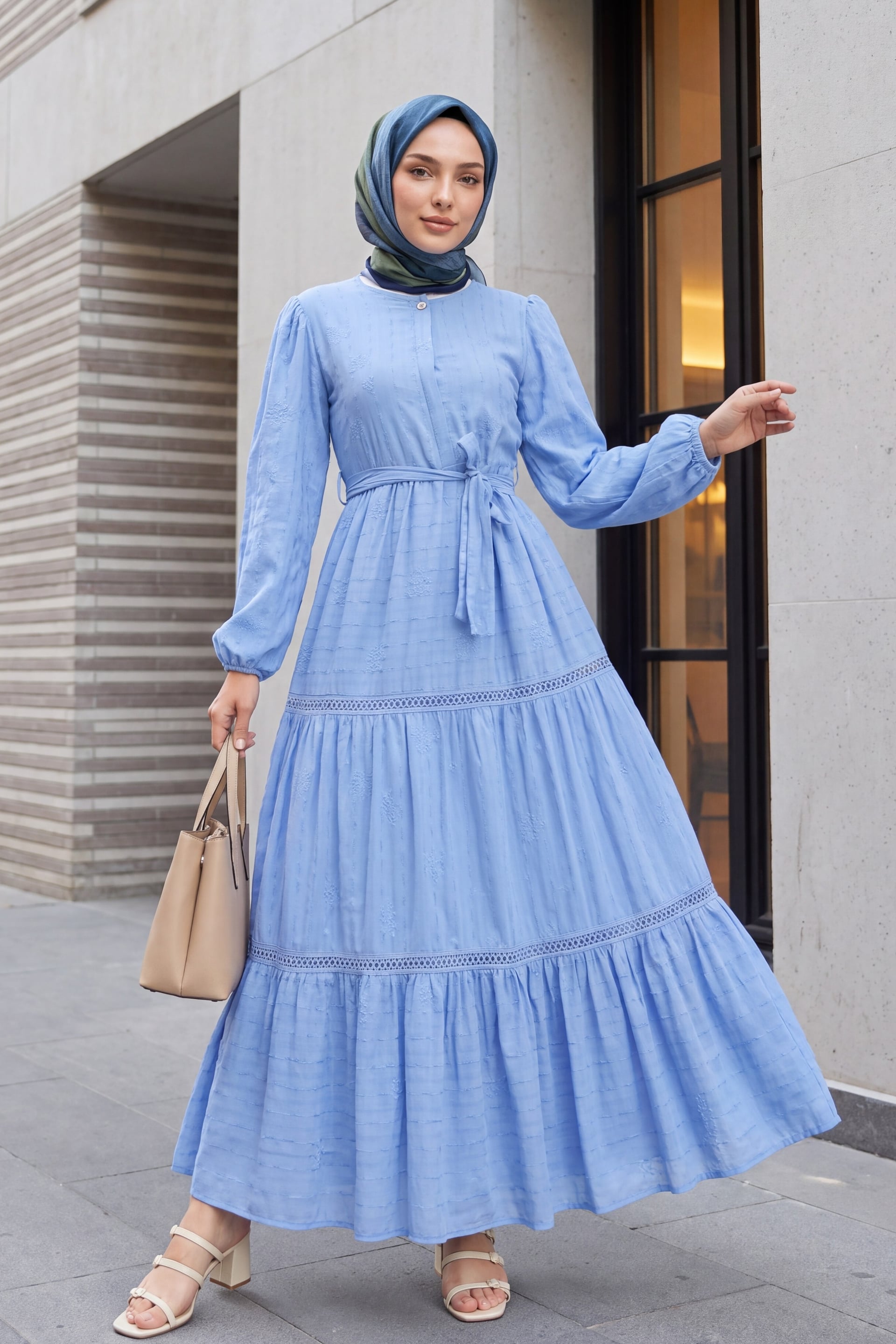 Ruffled Lace Trim Dress in Blue - Podyumplus - by Peralane