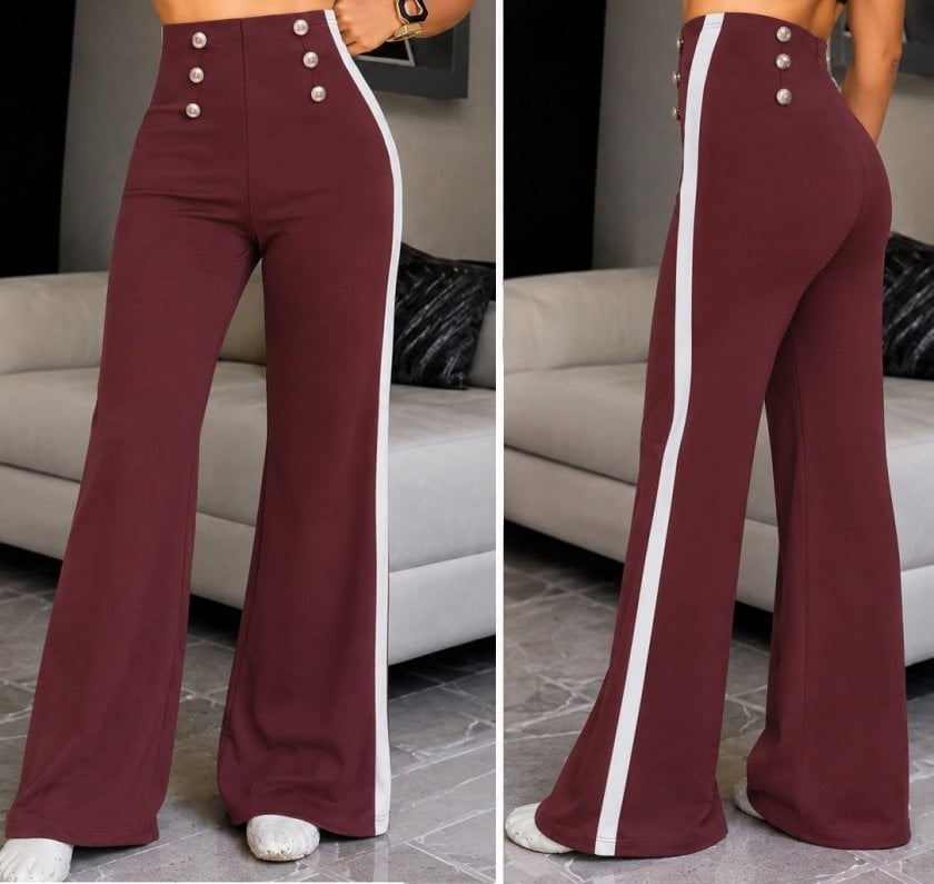 Women's High-Waisted Flared Trousers with Side Stripe Detail and Buttons - Janes - by Peralane