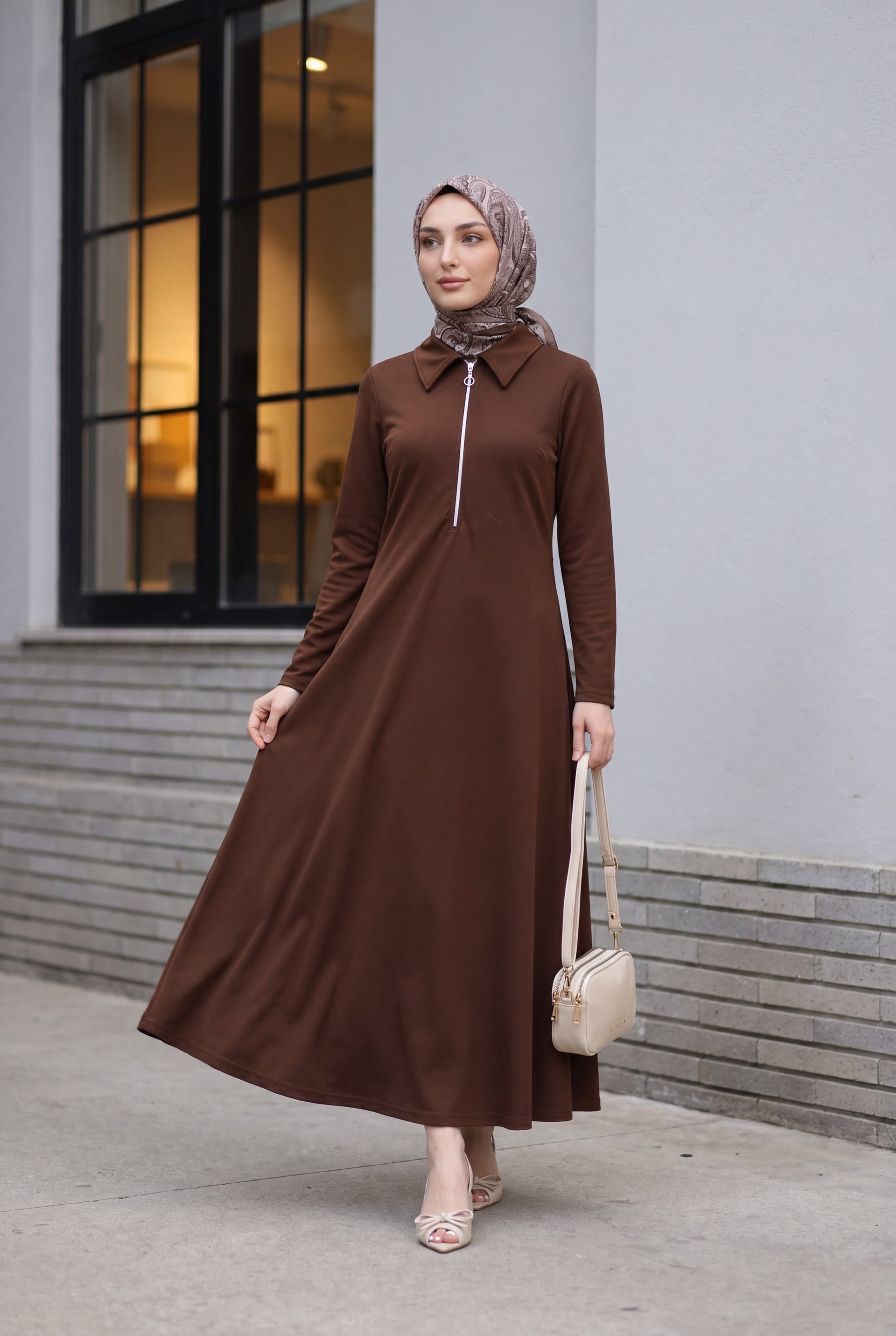 Half-Zip Long-Sleeve Shirt Collar Maxi Dress - Brown - Podyumplus - by Peralane - photo 2