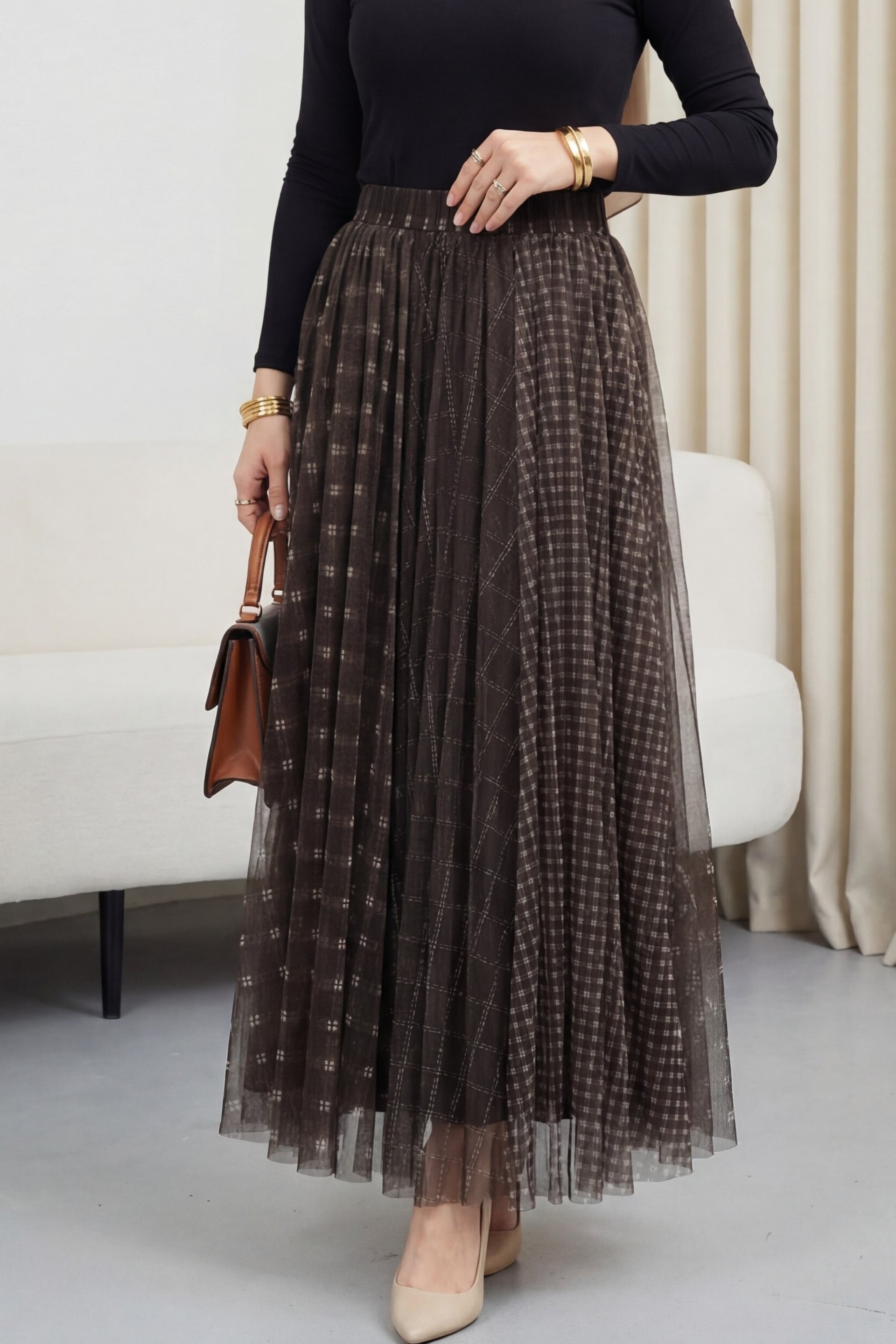Plaid Pleated Tulle Skirt with Elasticated Waist - Brown - Podyumplus - by Peralane
