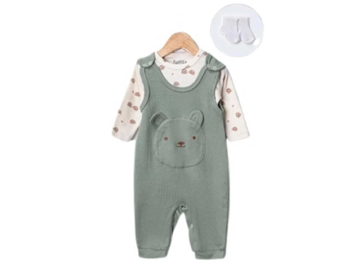 Bear Print Baby Boy Romper Set - Sage Green and Cream (3-Pack) - Nafitto - by Peralane