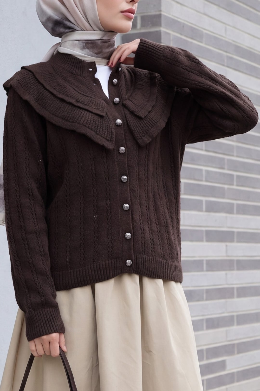 High Neck Ruffle Detail Openwork Buttoned Knit Cardigan - Dark Brown - Podyumplus - by Peralane - photo 4