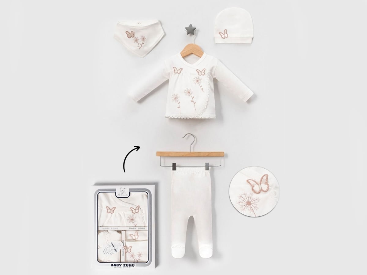 Butterfly Embroidered 5-Piece Baby Girl Hospital Exit Set in Brown - Baby Zuhu - by Peralane