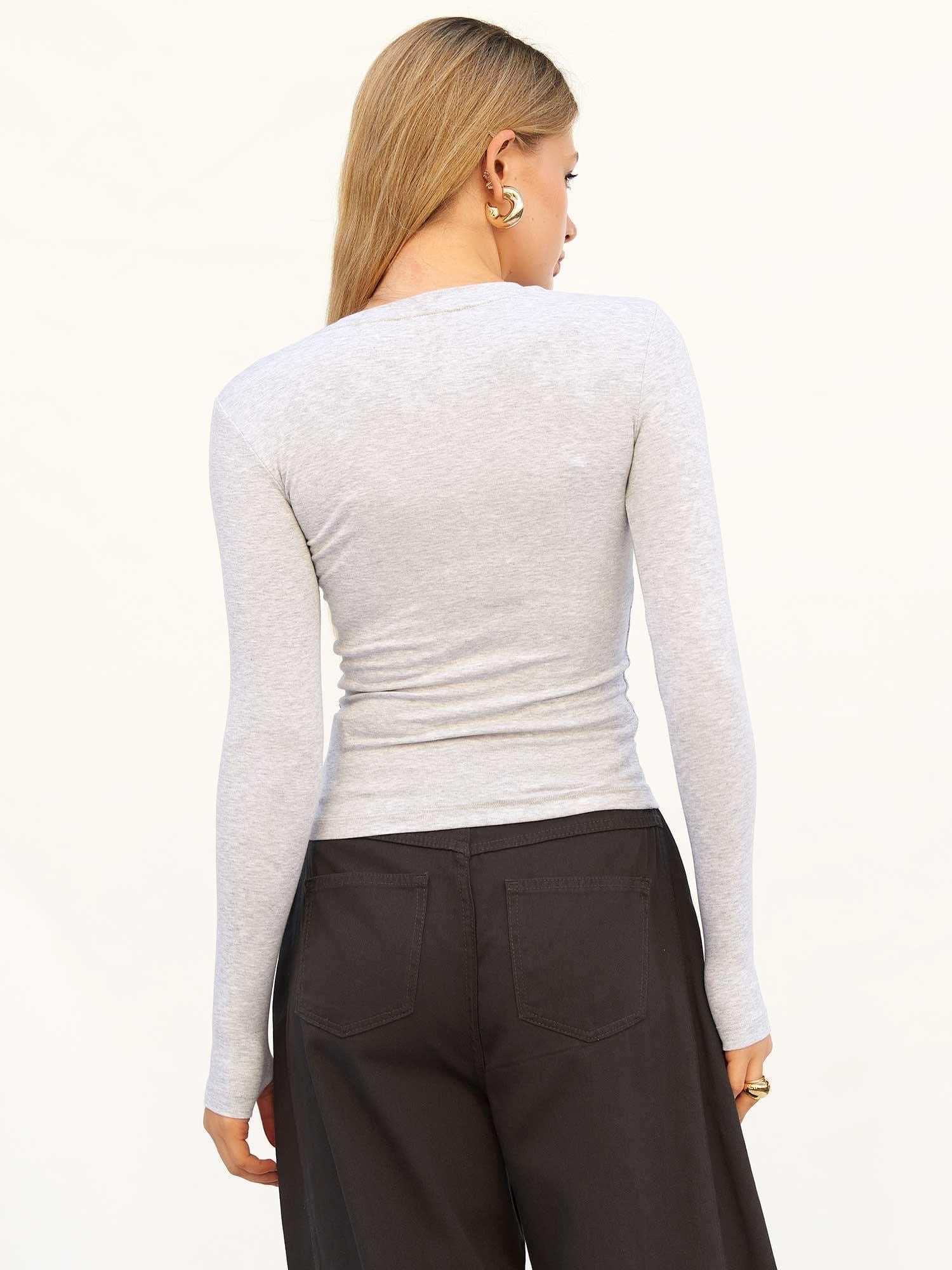 Light Grey Ribbed Knit Long-Sleeve T-Shirt with Thumbholes - Lefon - by Peralane - photo 3