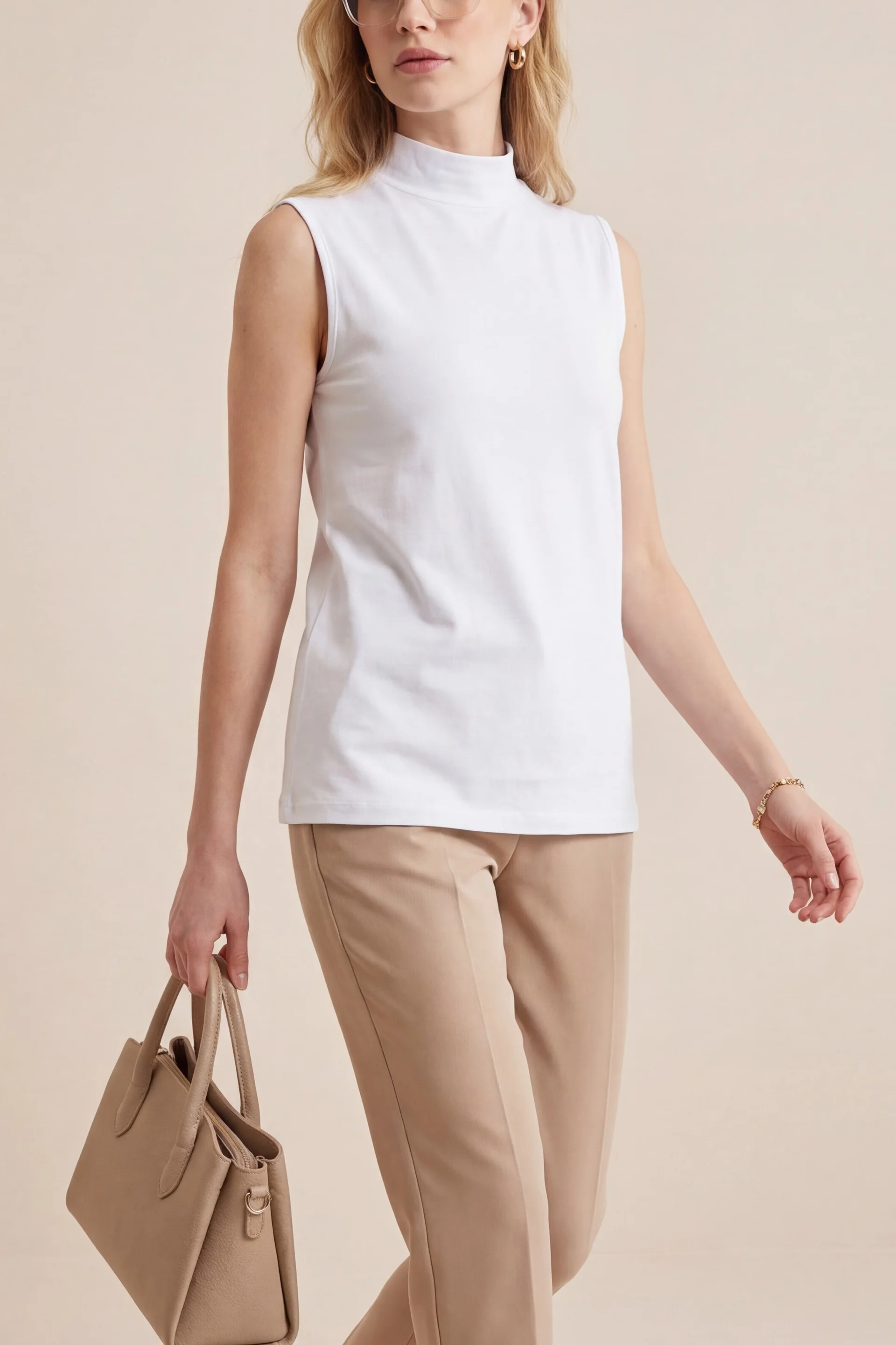 Half-Collar Sleeveless Knit Top - White - Podyumplus - by Peralane