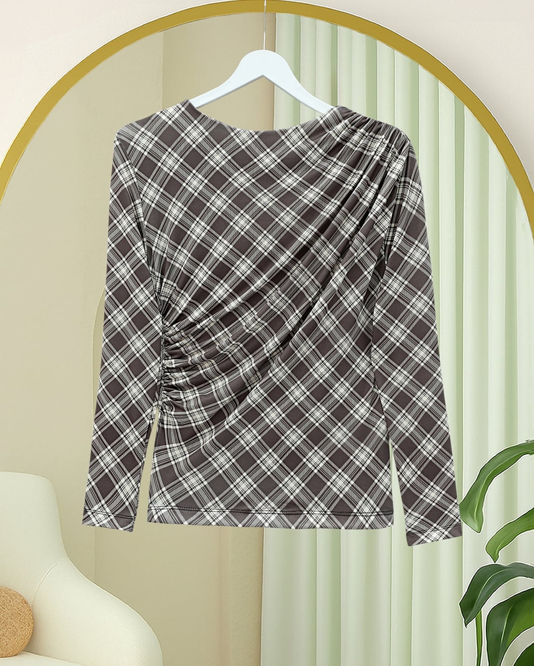 Side Ruched Plaid Blouse - Brown - Podyumplus - by Peralane - photo 4