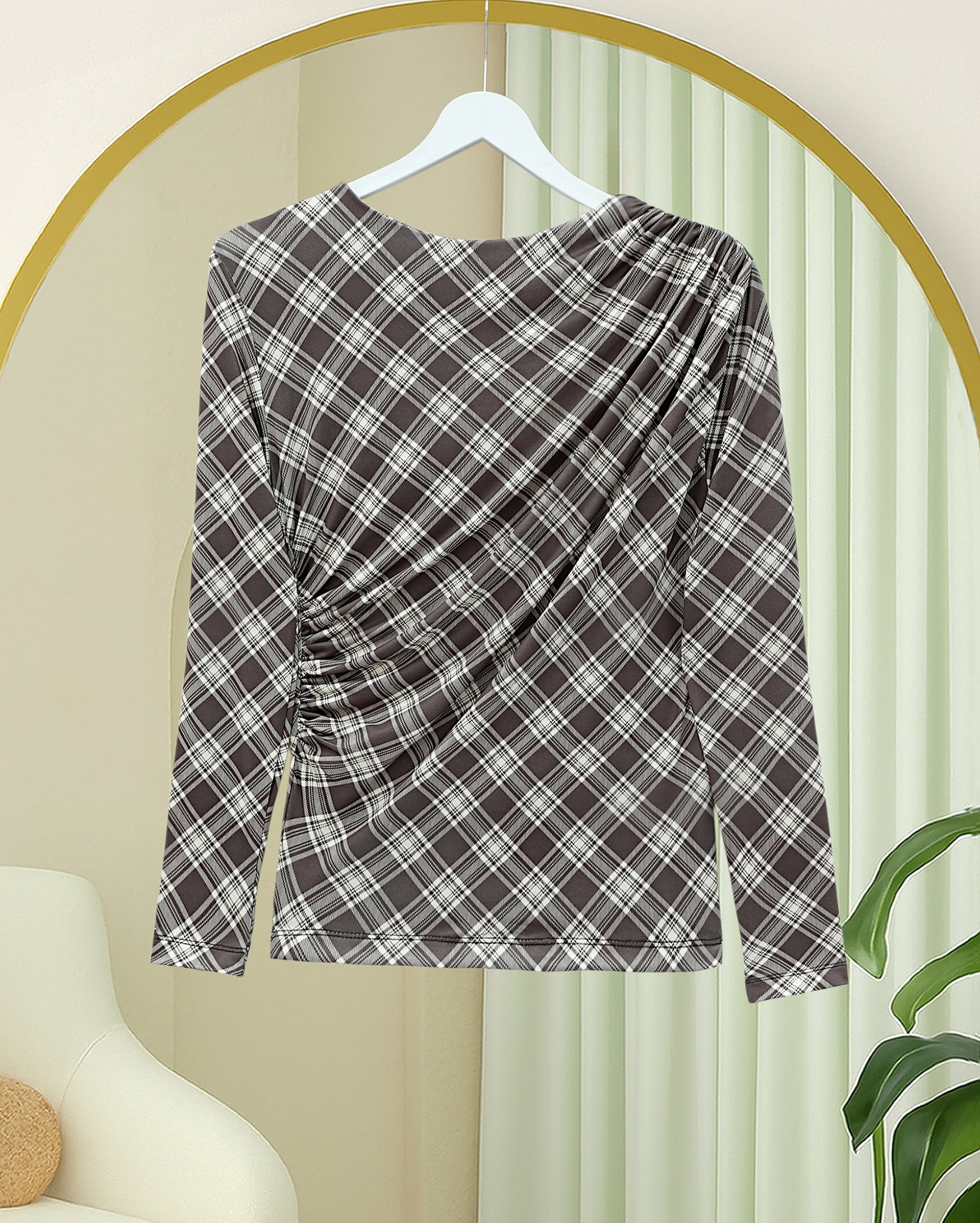 Side Ruched Plaid Blouse - Brown - Podyumplus - by Peralane - photo 4