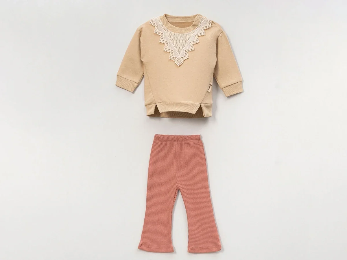 Lace Trim Detail Baby Girl Set - Beige Sweatshirt and Dusty Rose Pants - Vovido - by Peralane