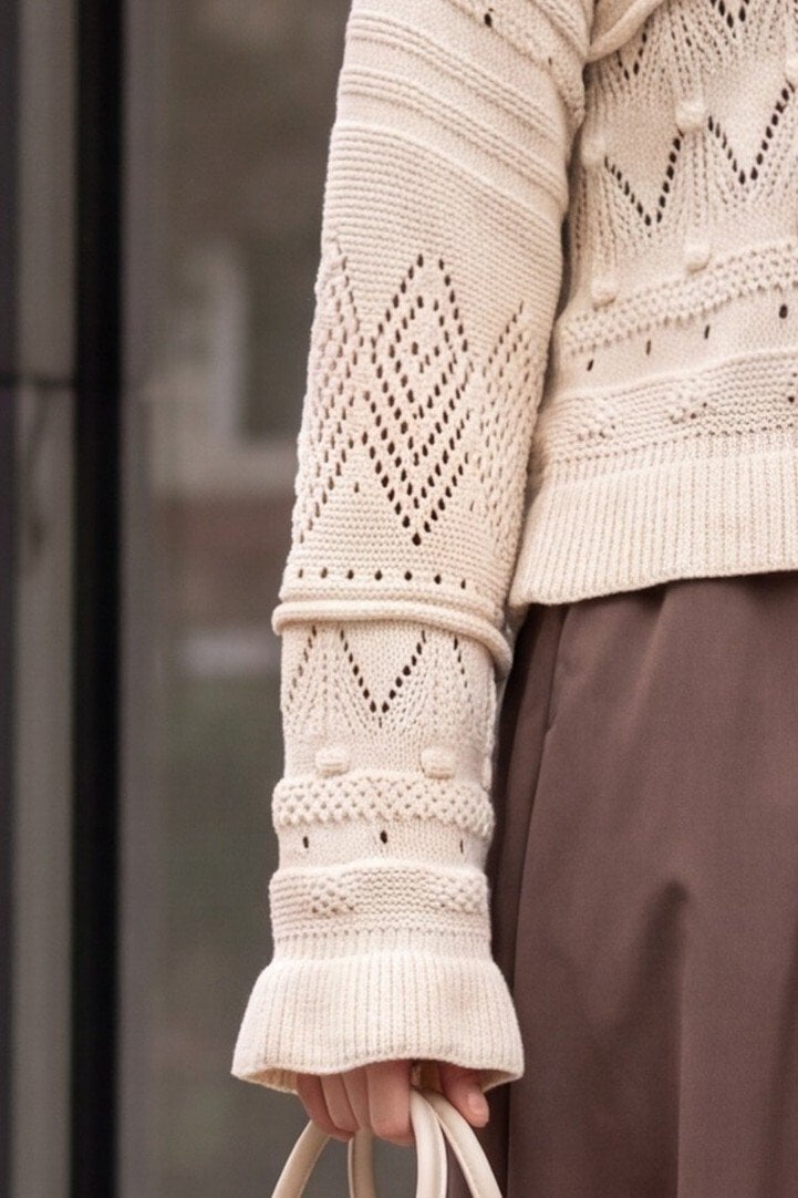 Ecru Open-Knit Pompom Detail Long Sleeve Knit Sweater - Podyumplus - by Peralane - photo 9