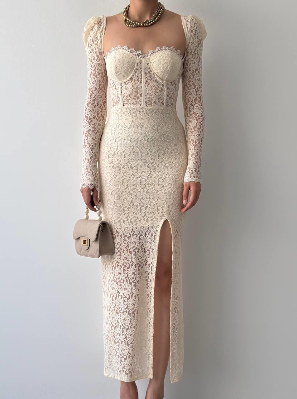 Beige Poplin Lace Dress with Slit Detail - ETK-00277 - Etika - by Peralane - photo 2