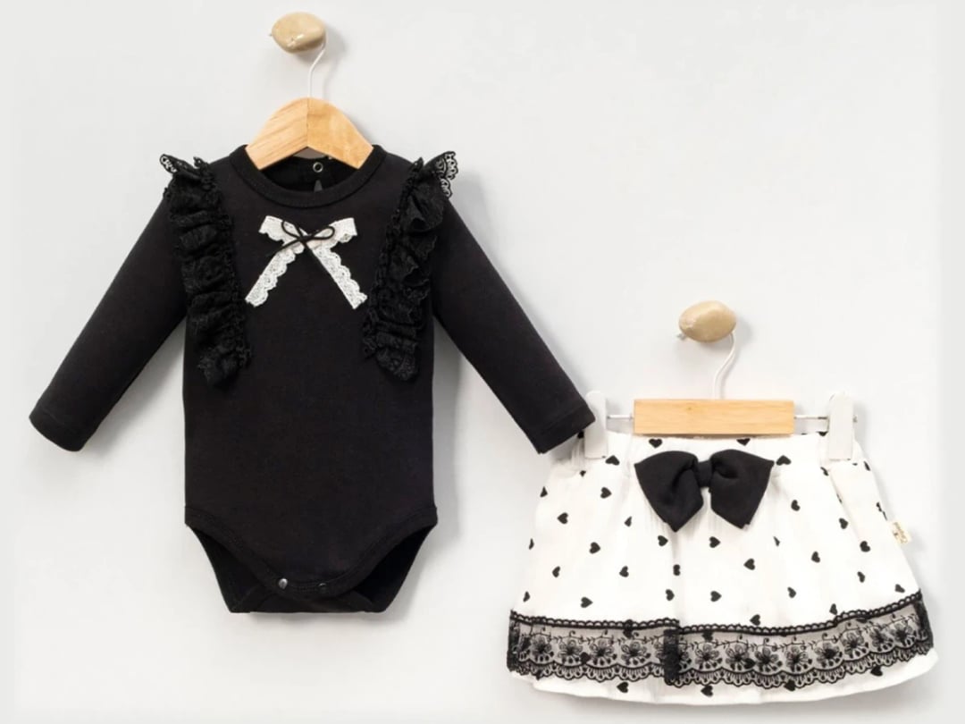 Lace Embroidered Bow Baby Girl Set - Black - Cayzen - by Peralane
