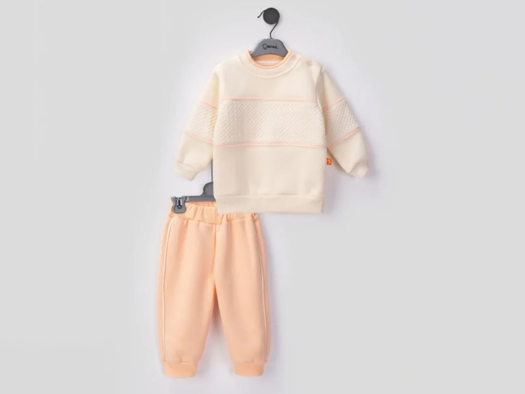 Striped Brushed 3-Thread Baby Girl Set - Powder - Beyaz Bebek - by Peralane