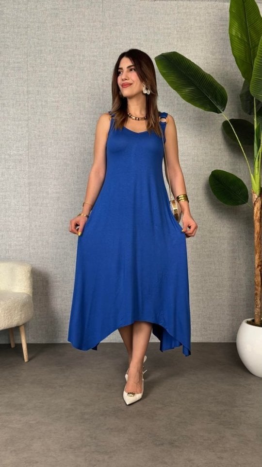 Women's Sleeveless V-Neck Asymmetric Cut Dress in Vibrant Blue - Janes - by Peralane - photo 3