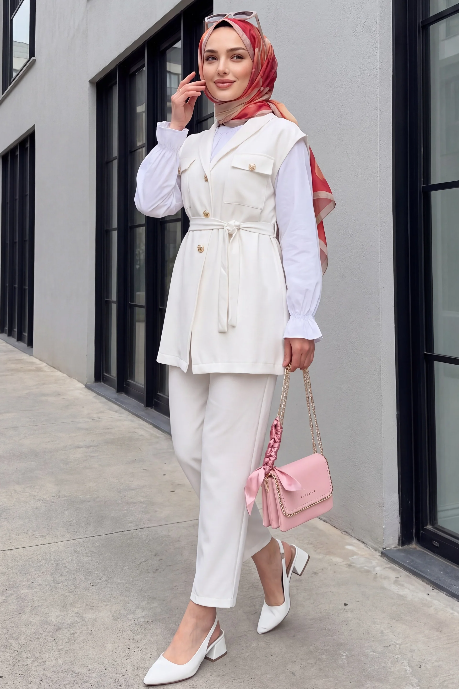 Ecru Three-Piece Set with Long-Sleeved Blouse, Vest and Trousers - Podyumplus - by Peralane - photo 3