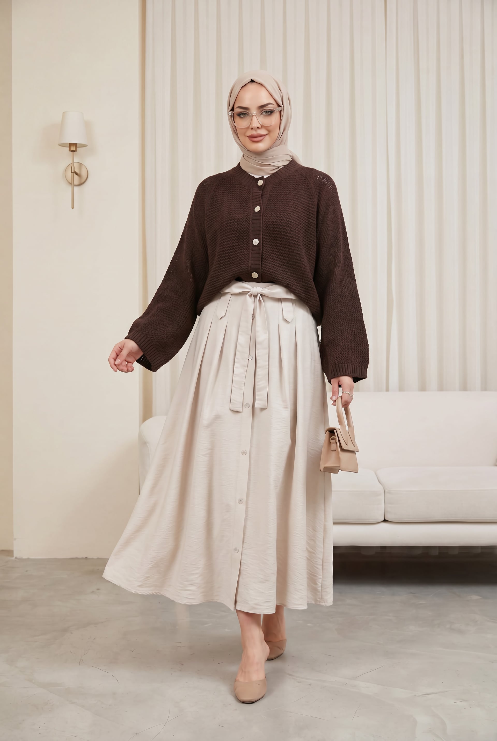 Ajour Buttoned Batwing Sleeve Knit Cardigan - Dark Brown - Podyumplus - by Peralane