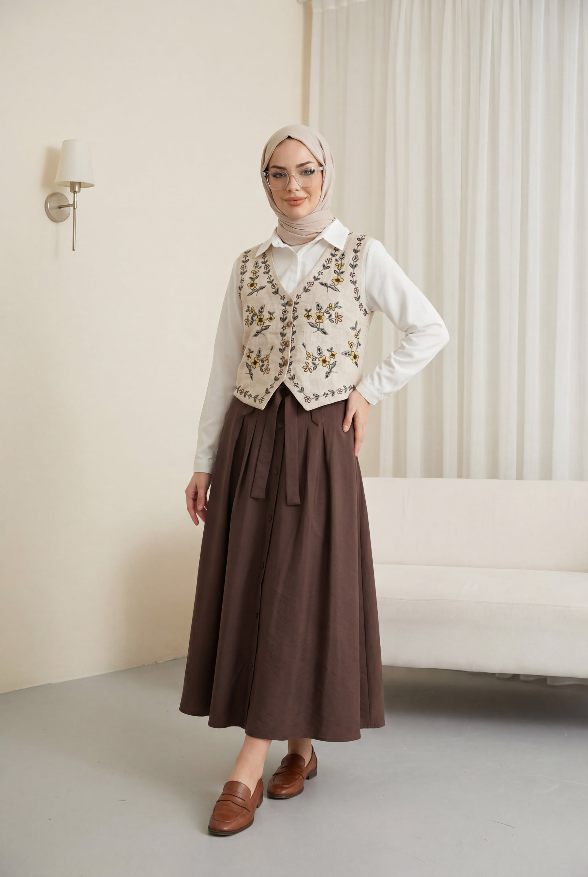 Floral Embroidered Buttoned Vest in Stone - Podyumplus - by Peralane - photo 5