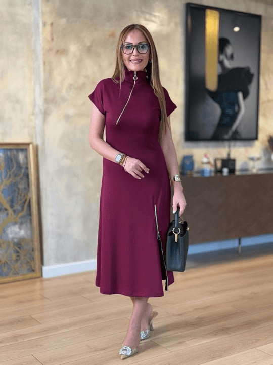 Women's Short Sleeve Zip Front Midi Viscose Two-Thread Dress - Janes - by Peralane - photo 4
