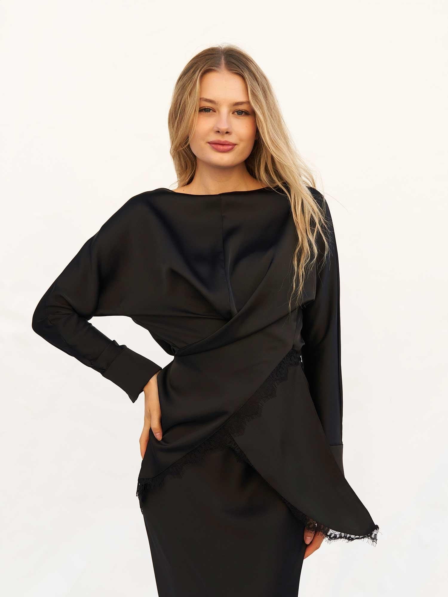 Black Long-Sleeved Satin Dress Set with Lace Trim - Lefon - by Peralane - photo 2