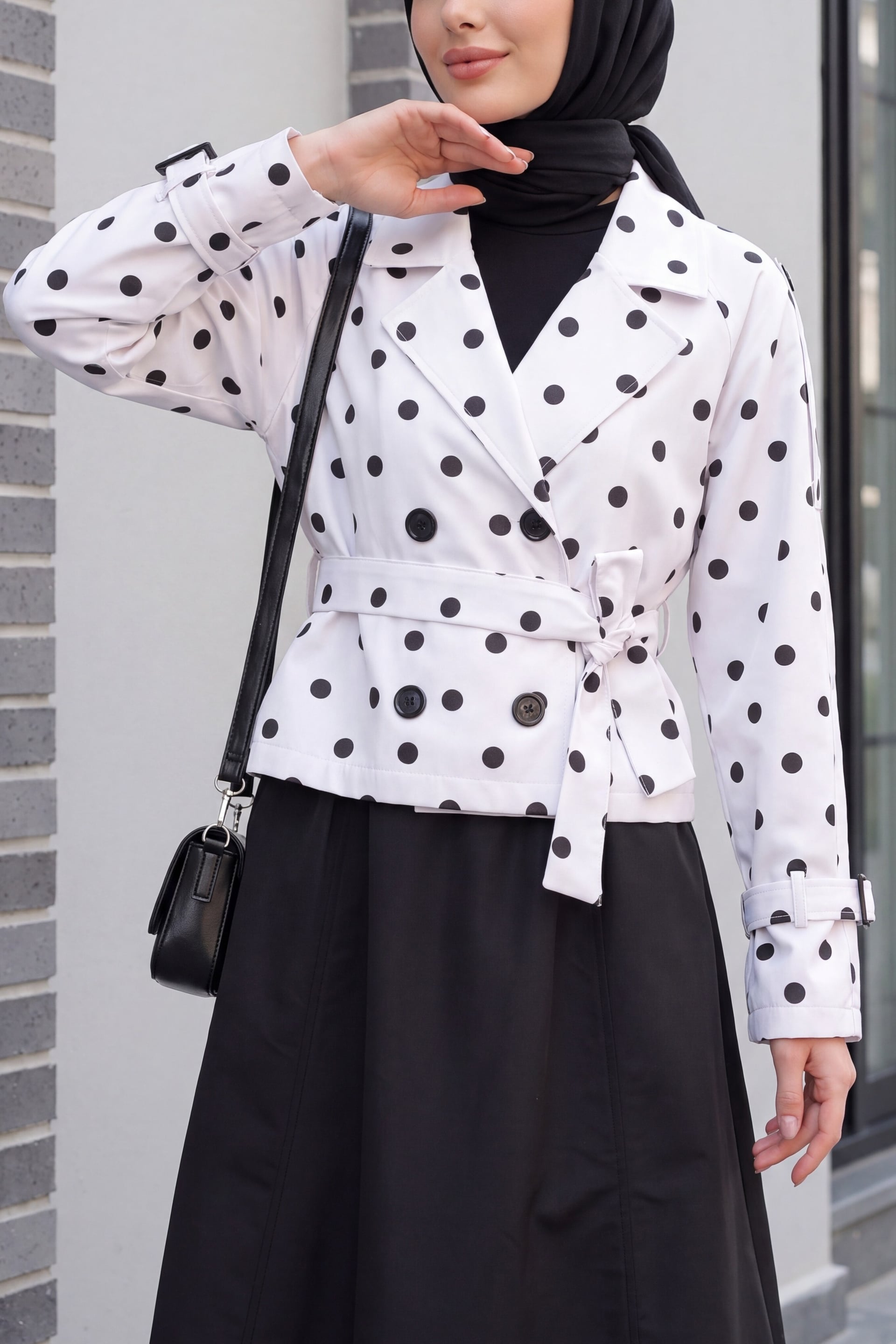 Women's Belted Short Trench Coat with Polka Dot Print - White - Bigdart - by Peralane - photo 3