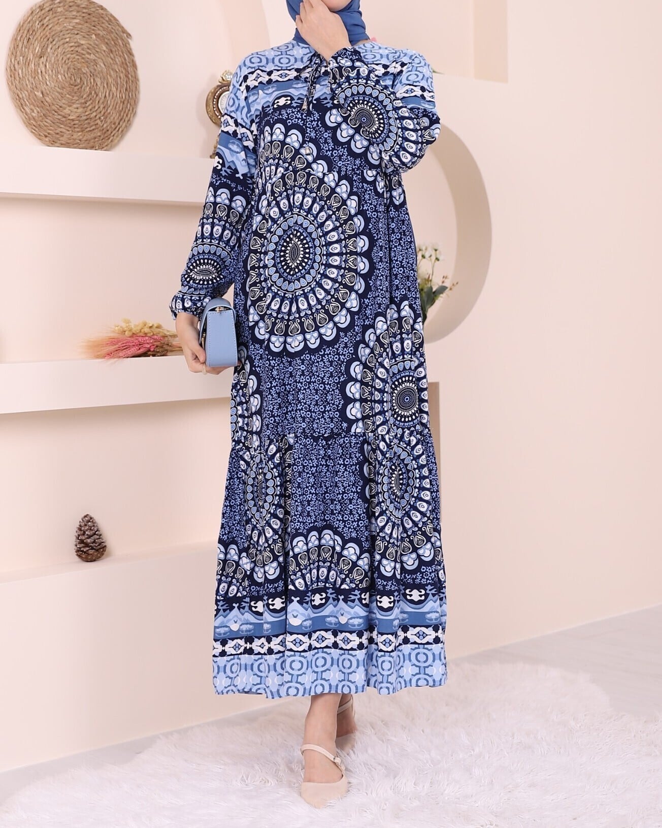 Tie-Neck Patterned Maxi Dress in Navy - Podyumplus - by Peralane - photo 3