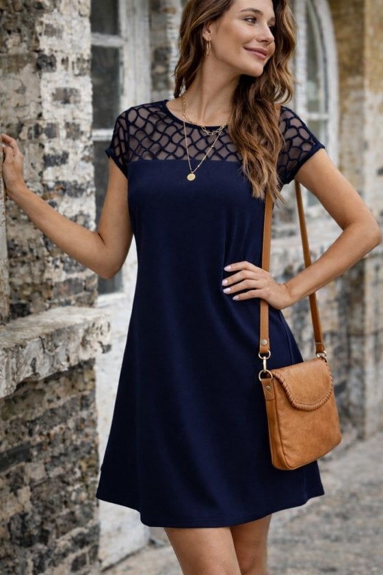 Women's Navy Blue Short Sleeve Round Neck Tulle Detail Crepe Dress - Janes - by Peralane - photo 3