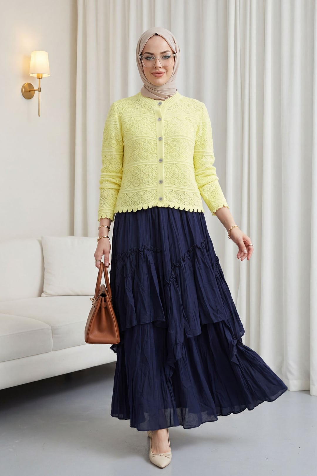Buttoned Patterned Openwork Knit Cardigan - Yellow - Podyumplus - by Peralane - photo 2