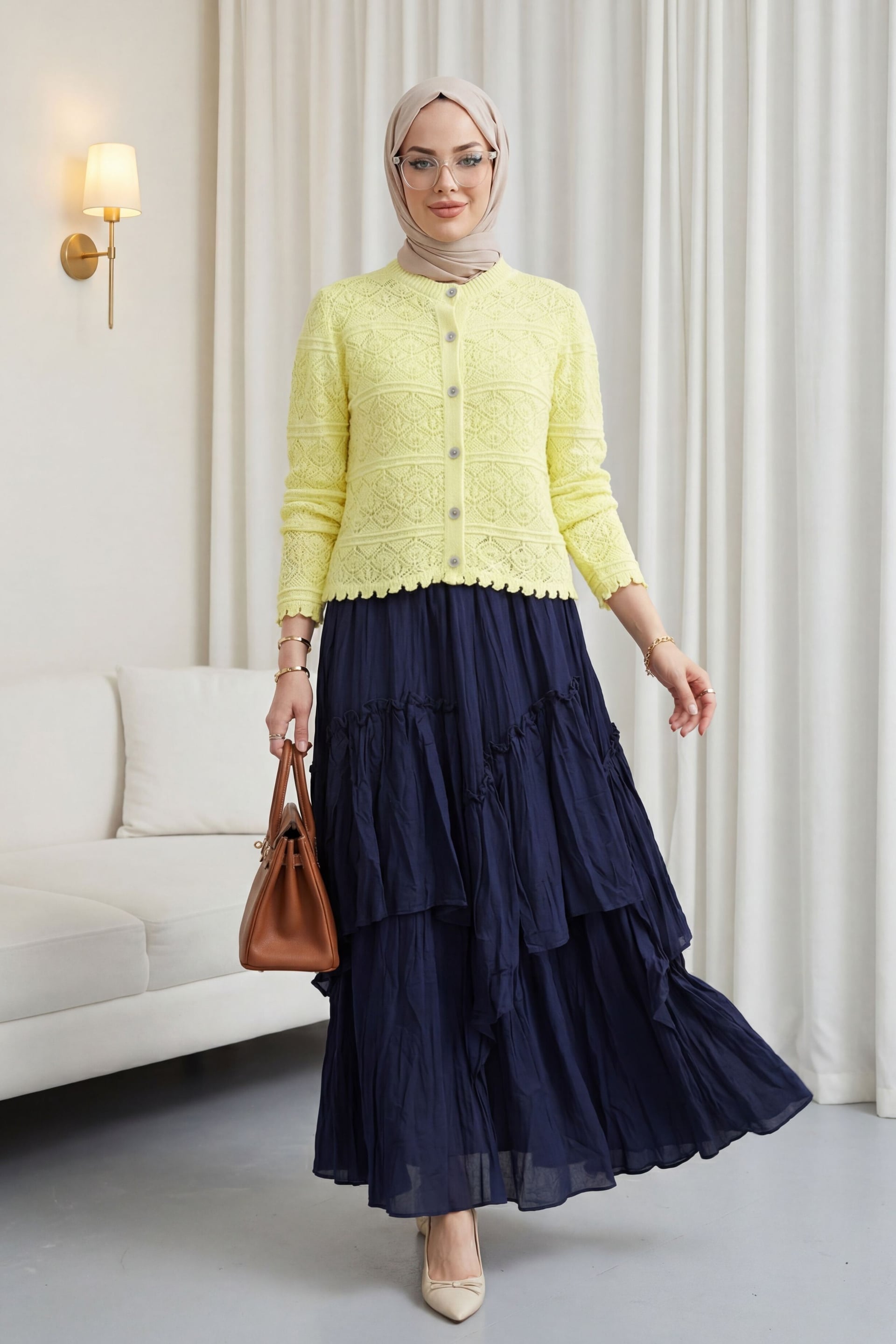 Buttoned Patterned Openwork Knit Cardigan - Yellow - Podyumplus - by Peralane - photo 2