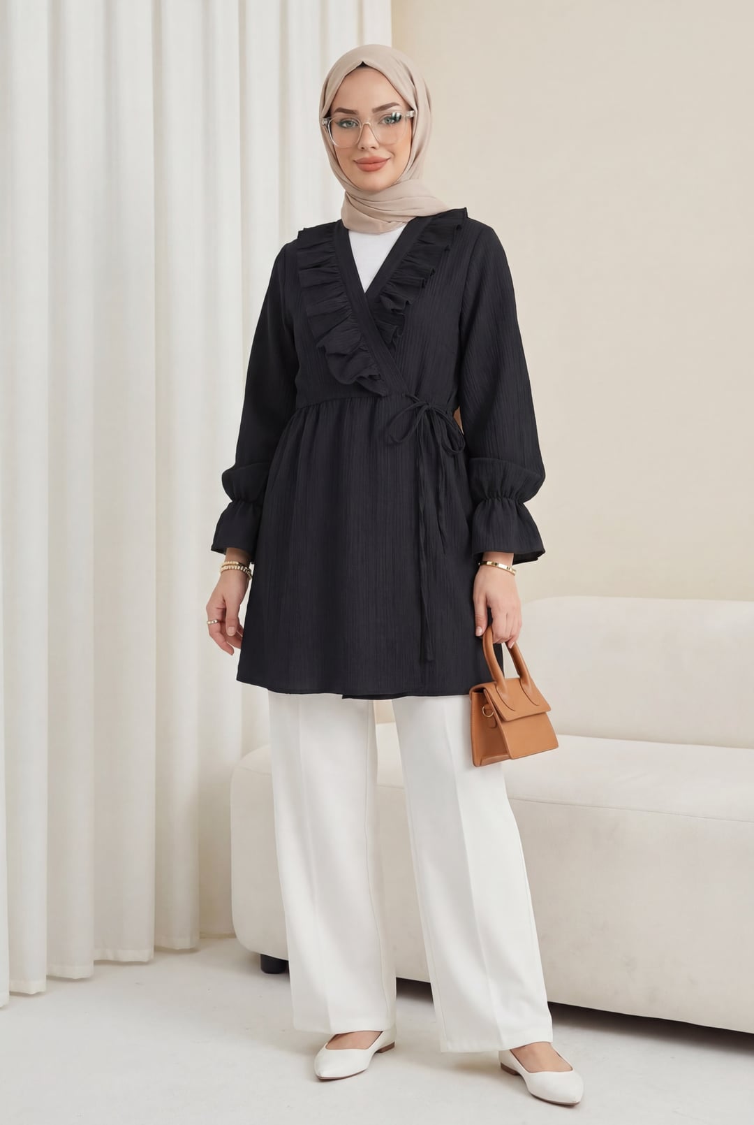 Black Crinkle Kimono with Ruffled Tie Front - Podyumplus - by Peralane - photo 5