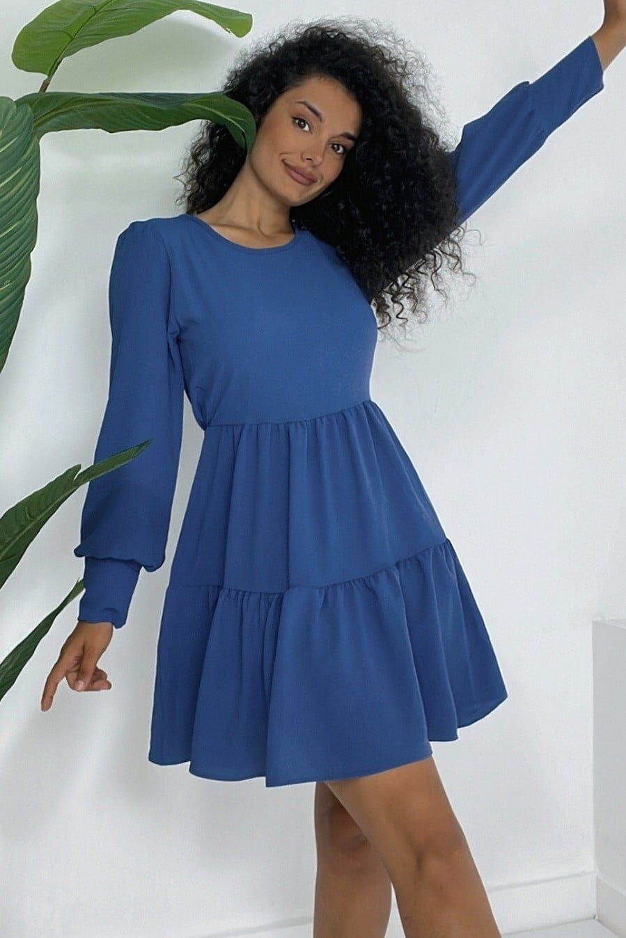 Round Neck Tie Waist Tiered Ruffle Dress - Indigo - Podyumplus - by Peralane