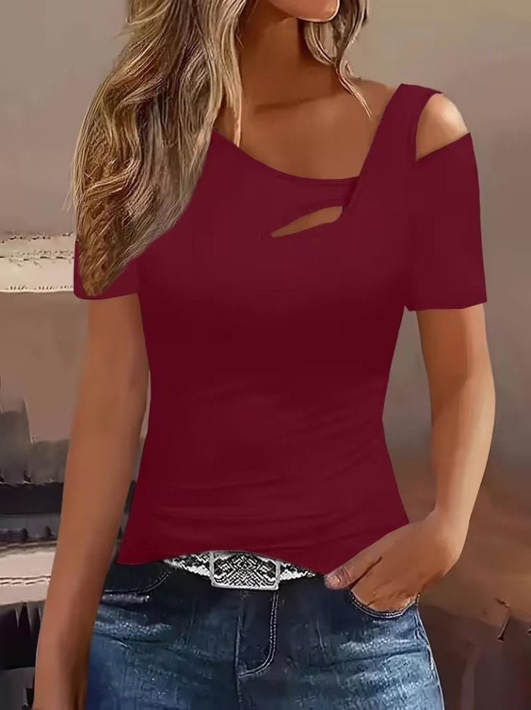 Women's Short Sleeve Asymmetric Neck Detail Viscose Blouse - Janes - by Peralane