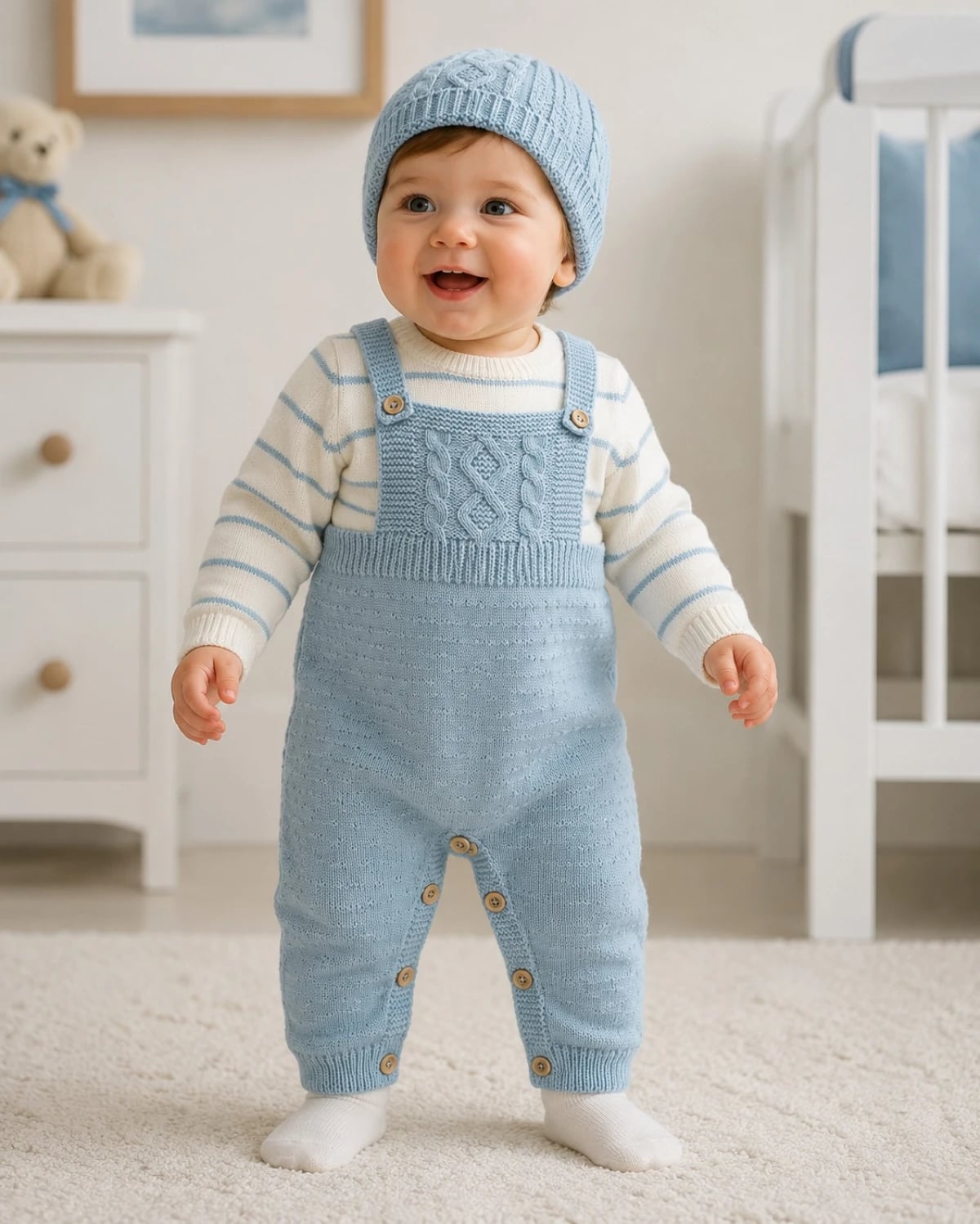 Knitted Baby Romper and Hat Set - Pale Blue - Has Bereket - by Peralane