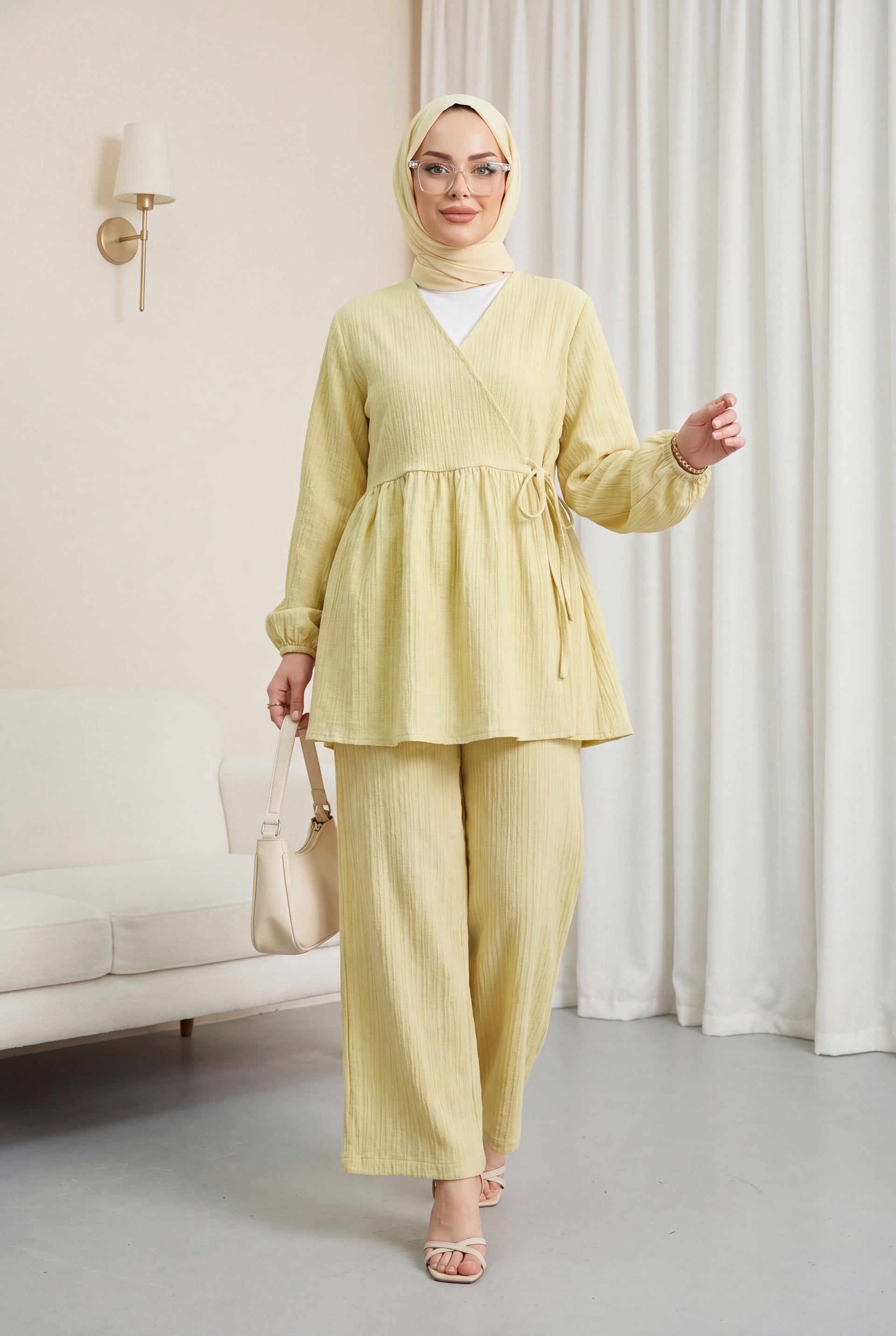 Inside-Tie Tunic and Wide-Leg Trousers Set - Olive Green - Podyumplus - by Peralane