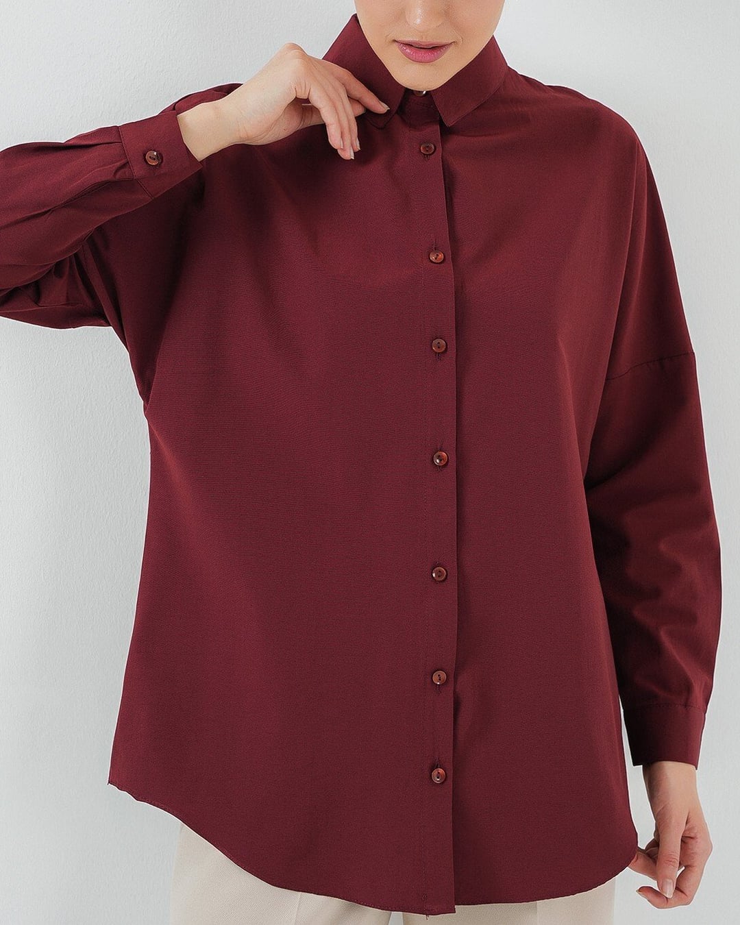 Oversize Basic Tunic Blouse with Wide-Leg Trousers Set - Burgundy and Cream - Bigdart - by Peralane - photo 7