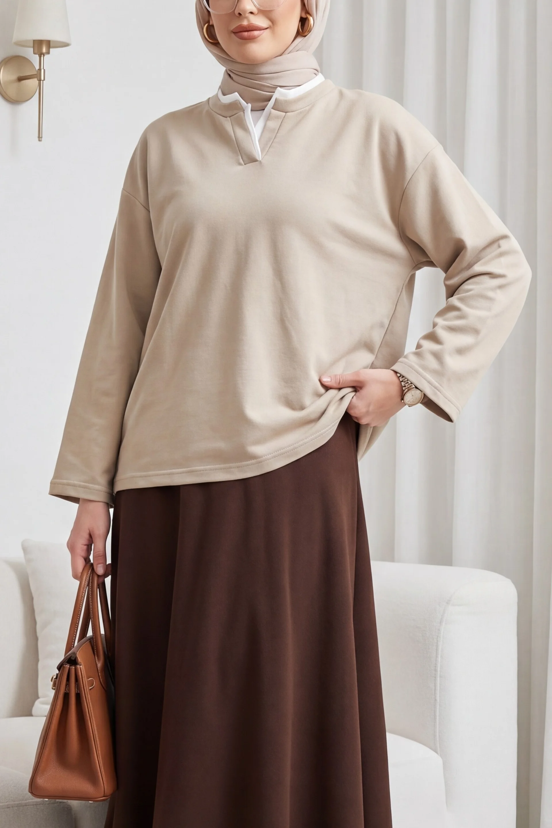 V-Neck Double Layer 2-Thread Jersey Blouse - Light Beige - Podyumplus - by Peralane