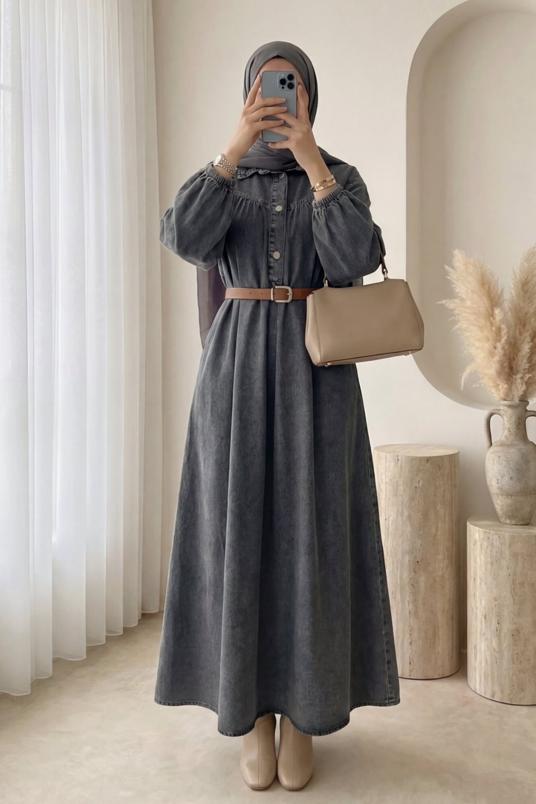 Half Button Long Sleeve Belted Denim Dress - Smoke - Podyumplus - by Peralane - photo 2