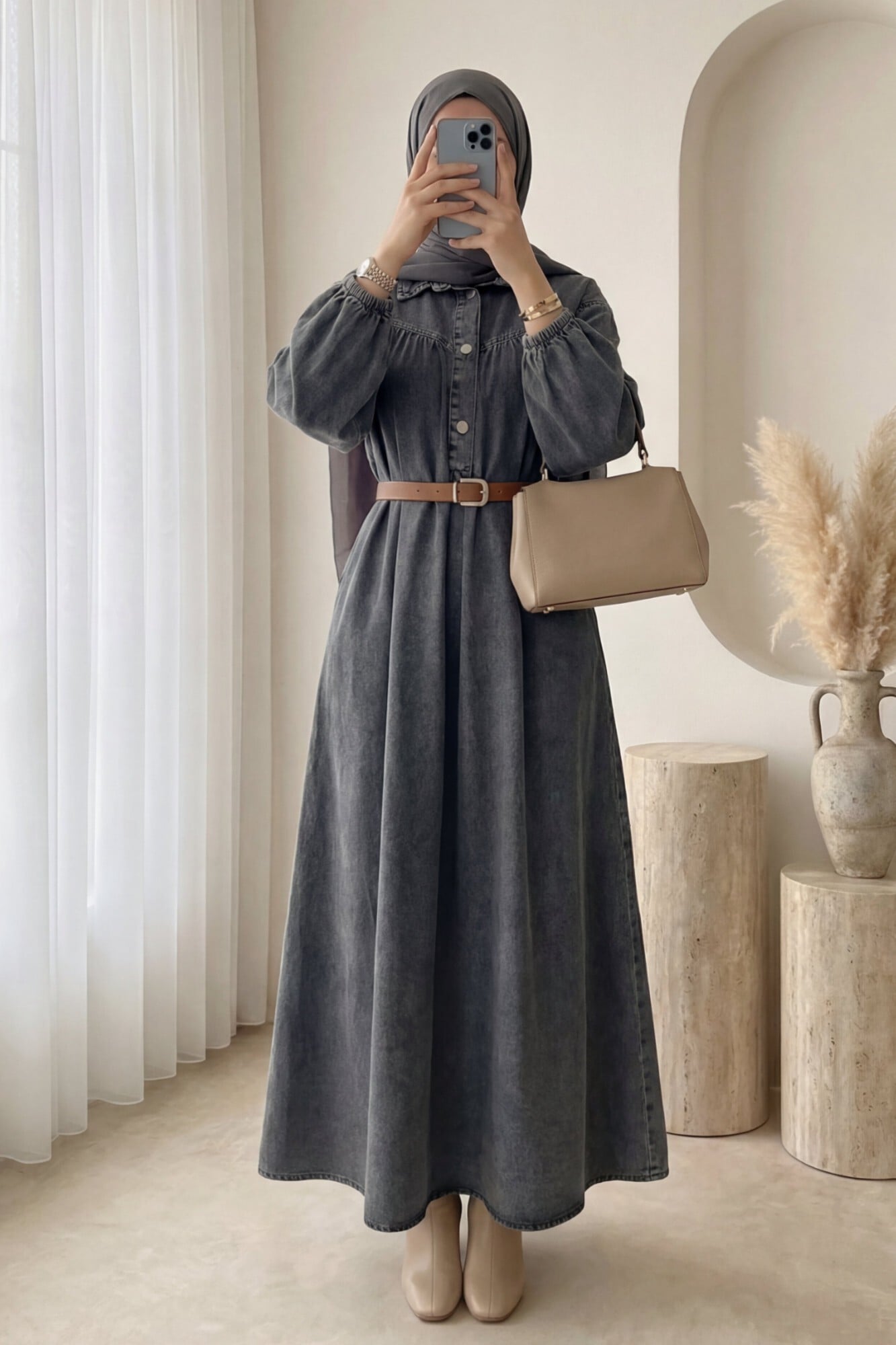 Half Button Long Sleeve Belted Denim Dress - Smoke - Podyumplus - by Peralane - photo 2