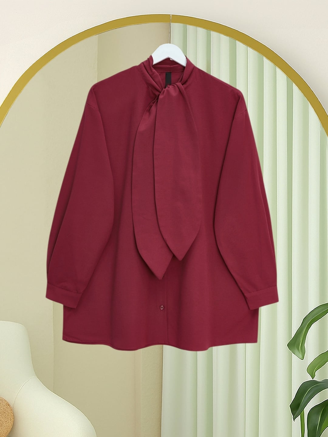 Tie-Neck Button-Up Oversize Poplin Blouse - Burgundy - Podyumplus - by Peralane - photo 4