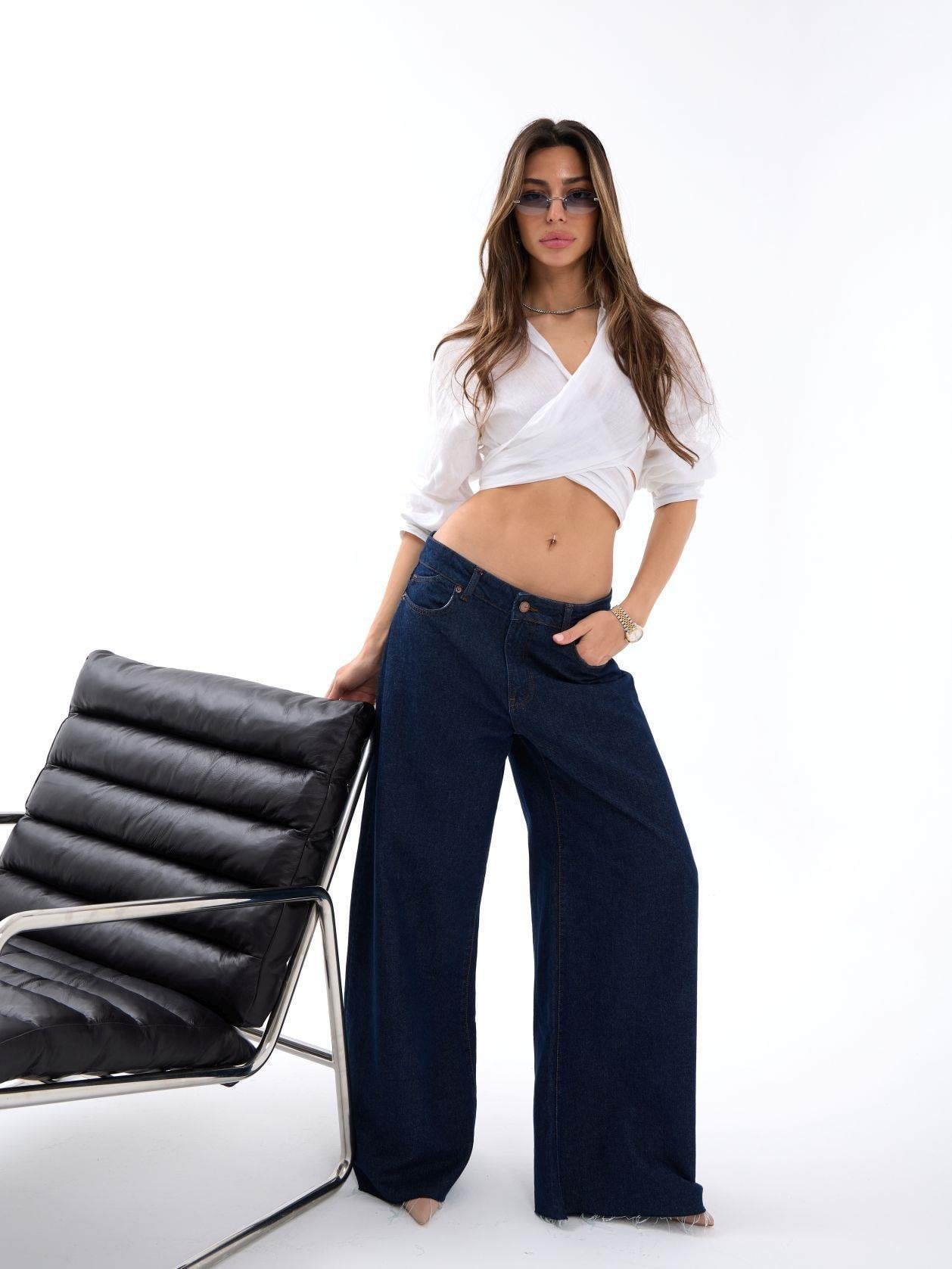 Women's High-Waist Wide-Leg Denim Trousers - Dark Wash Blue - Fame - by Peralane