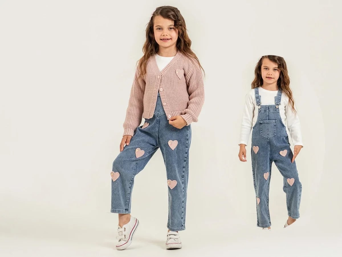 Girl's Denim Overall Set with Knit Cardigan - Dusty Pink - Pampal Kids - by Peralane