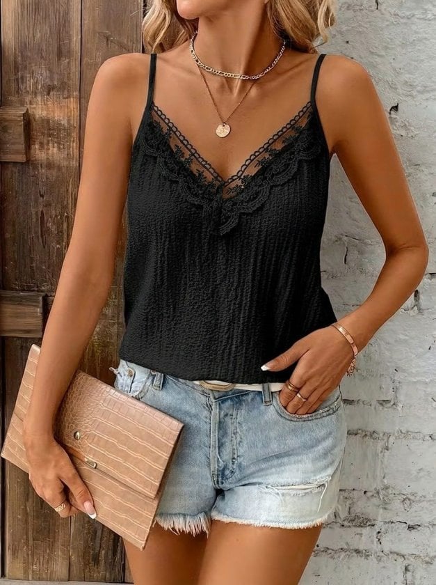 Women's V-Neck Lace Trim Spaghetti Strap Camisole - Janes - by Peralane