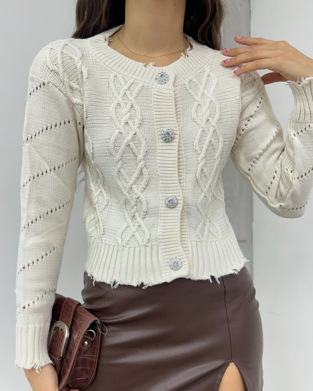 Stone Button Cropped Knit Cardigan - Beige - Podyumplus - by Peralane - photo 5