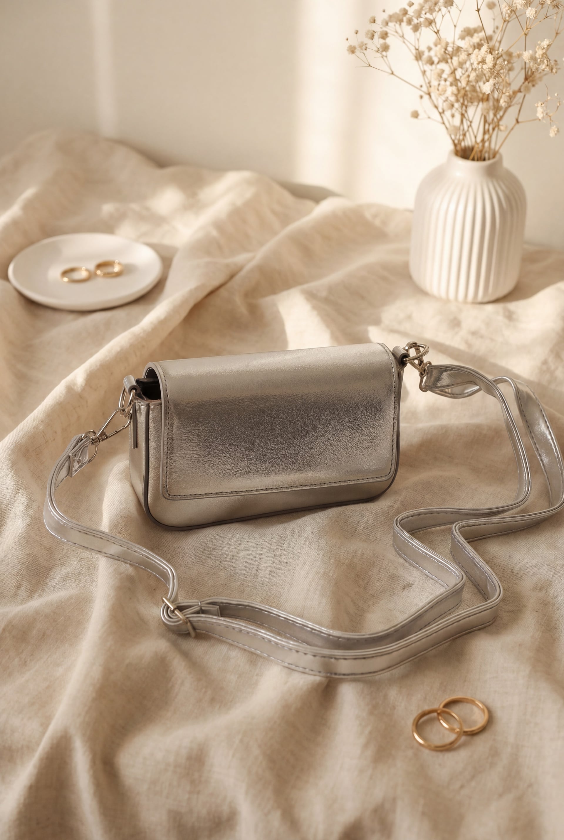 Silver Metallic Crossbody Bag with Magnetic Flap - Podyumplus - by Peralane