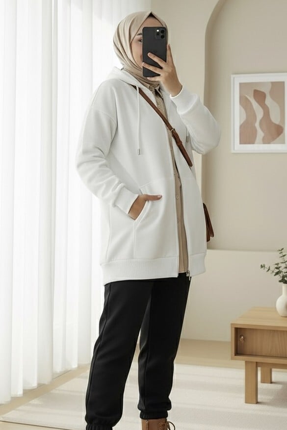 Women's Zip-Up Hooded Sweatshirt with Pockets - White - Podyumplus - by Peralane