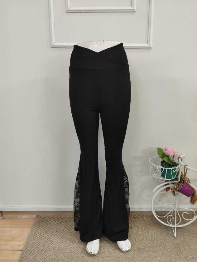 Women's High Waist Flared Leggings with Lace Detail, Black - Janes - by Peralane - photo 6