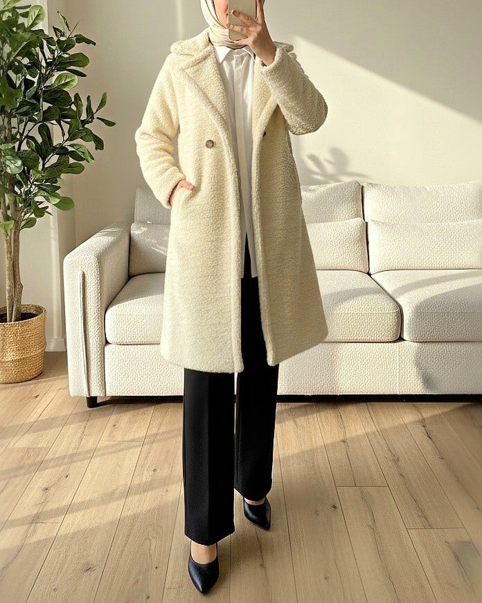 Double-Breasted Lined Side-Pocket Plush Coat - Light Beige - Podyumplus - by Peralane - photo 2